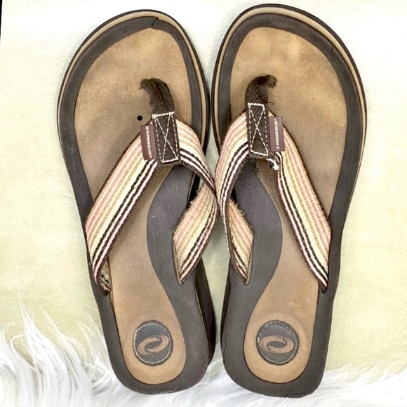 O’Rageous Thong Sandal Low Wedge Style Flip Flops Earthy Neutrals Canvas Stripe - Picture 4 of 15